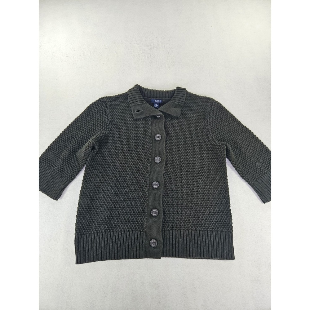 Chaps Women L Olive Green Cardigan 100% Cotton Soft 3/4‎ Sleeve Button Sweater